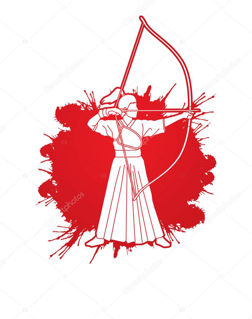 Woman bowing Kyudo designed on splatter blood background graphic vector.
