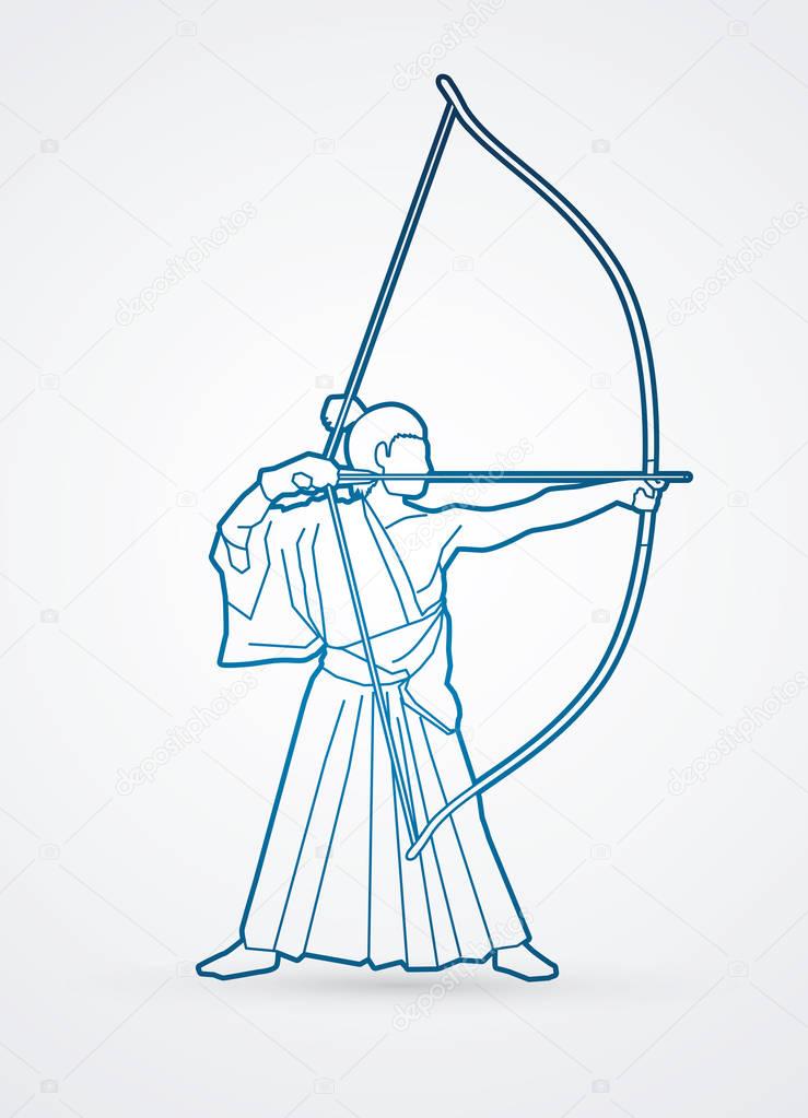 Man bowing Kyudo outline graphic vector.