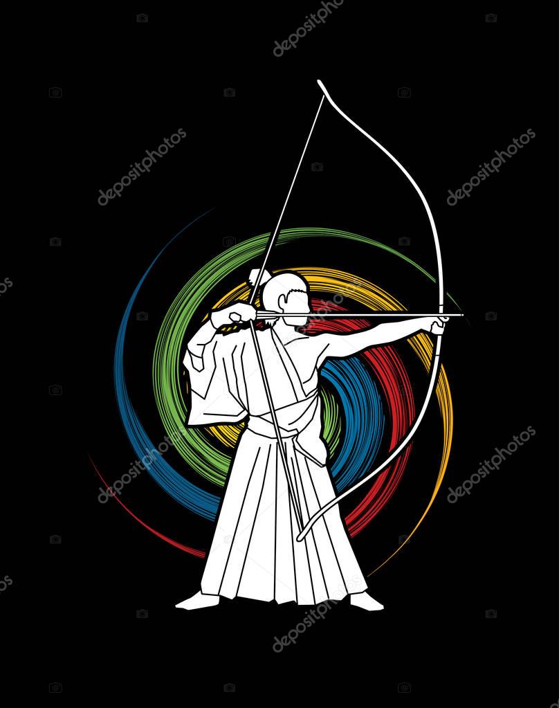 Man bowing Kyudo designed on spin wheel background graphic vector.