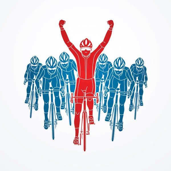 Il vincitore con gruppo di ciclismo — Vettoriale Stock
