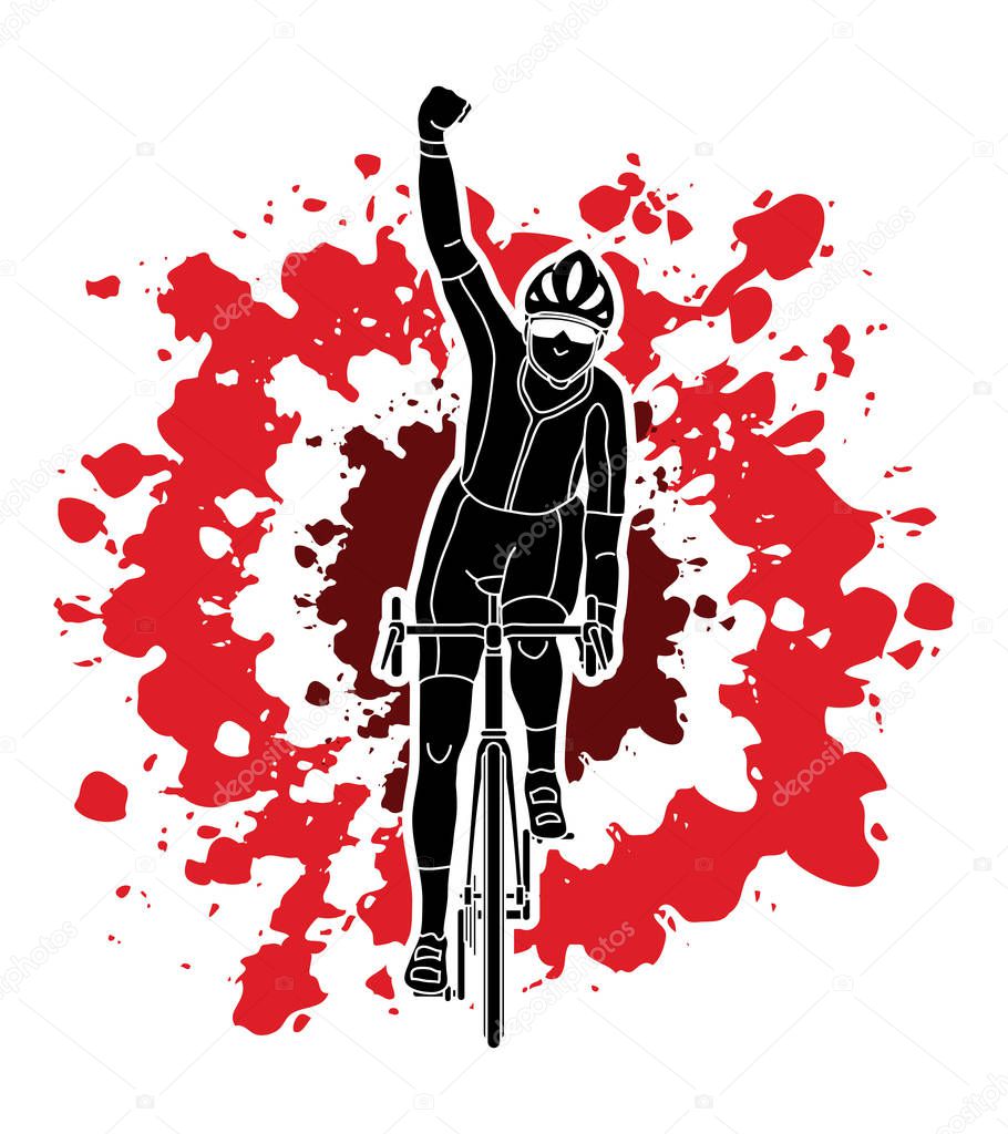 The winner Bicycle riding front view designed on splatter blood background graphic vector.
