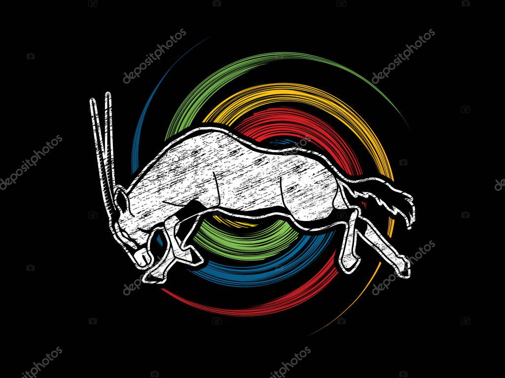 Oryx jumping to attack with long horn on spin wheel background graphic vector