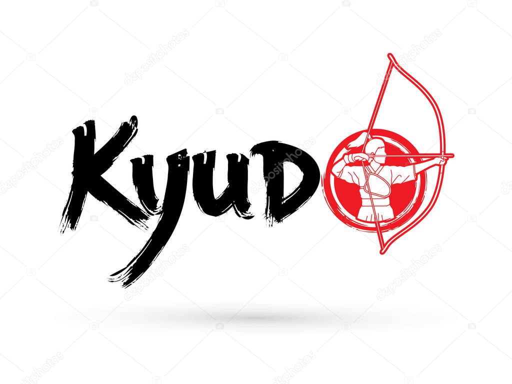 Kyudo text with woman bowing graphic vector.