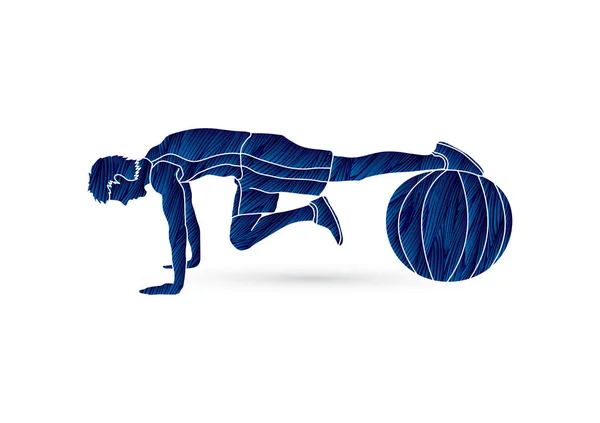 Man exercising fitness swiss ball, male with pilates ball — Stock Vector