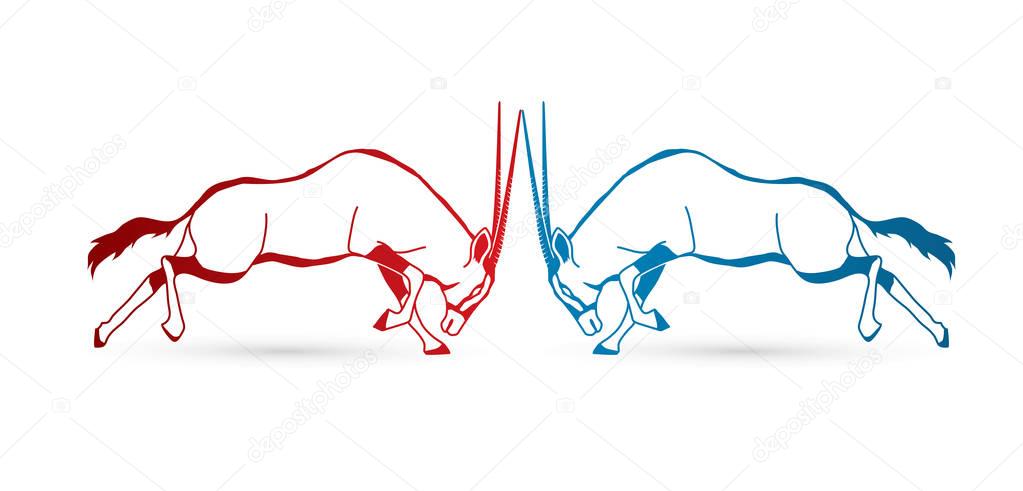 2 Oryx jumping to battle outline stroke graphic vector