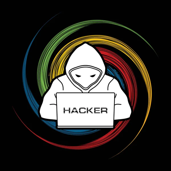 Hacker trabajando en el ordenador portátil — Vector de stock