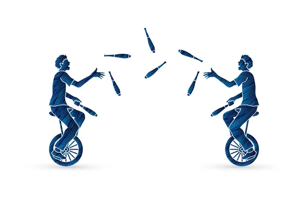 Hombres haciendo malabarismos con alfileres mientras pedalean juntos — Vector de stock