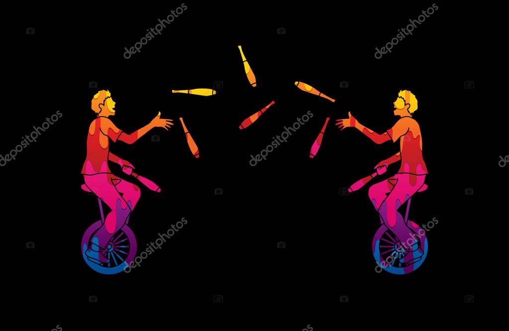 Men juggling pins while cycling together designed using melting colors graphic vector.