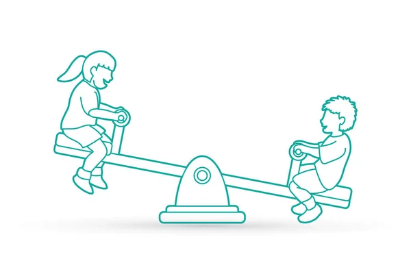 Niños felices, niño y niña están jugando balancín juntos — Vector de stock