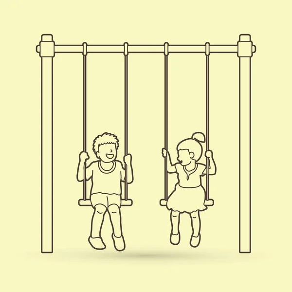 Crianças felizes, menino e menina estão jogando swing juntos —  Vetores de Stock