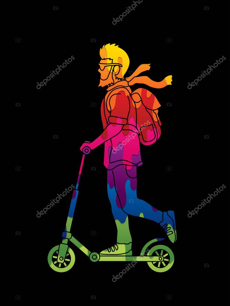 Hipster man riding kick scooter designed using melting colors graphic vector.