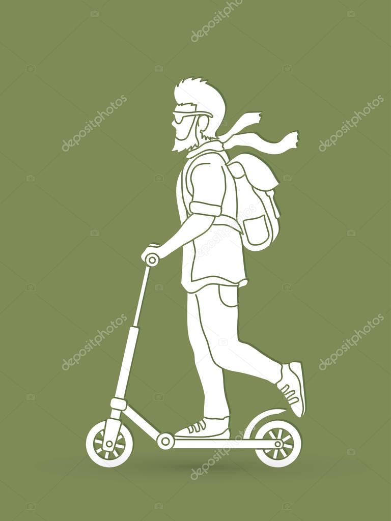 Hipster man riding kick scooter graphic vector.