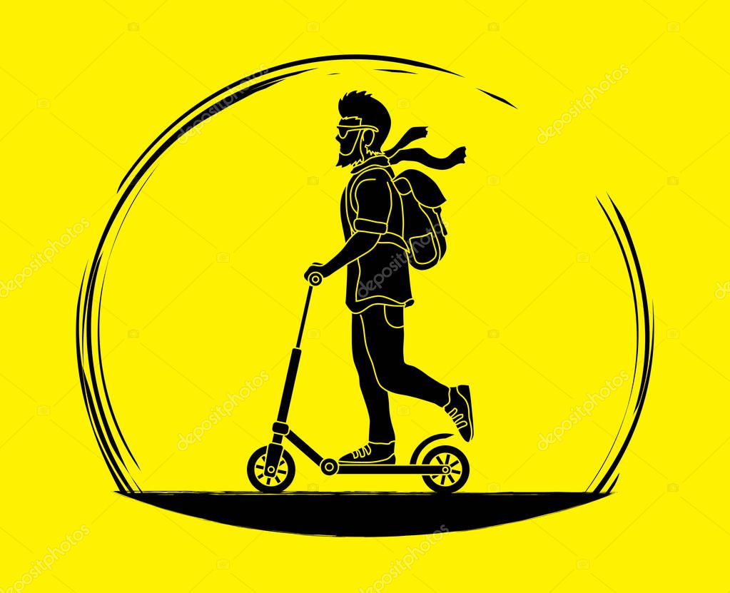 Hipster man riding kick scooter graphic vector.