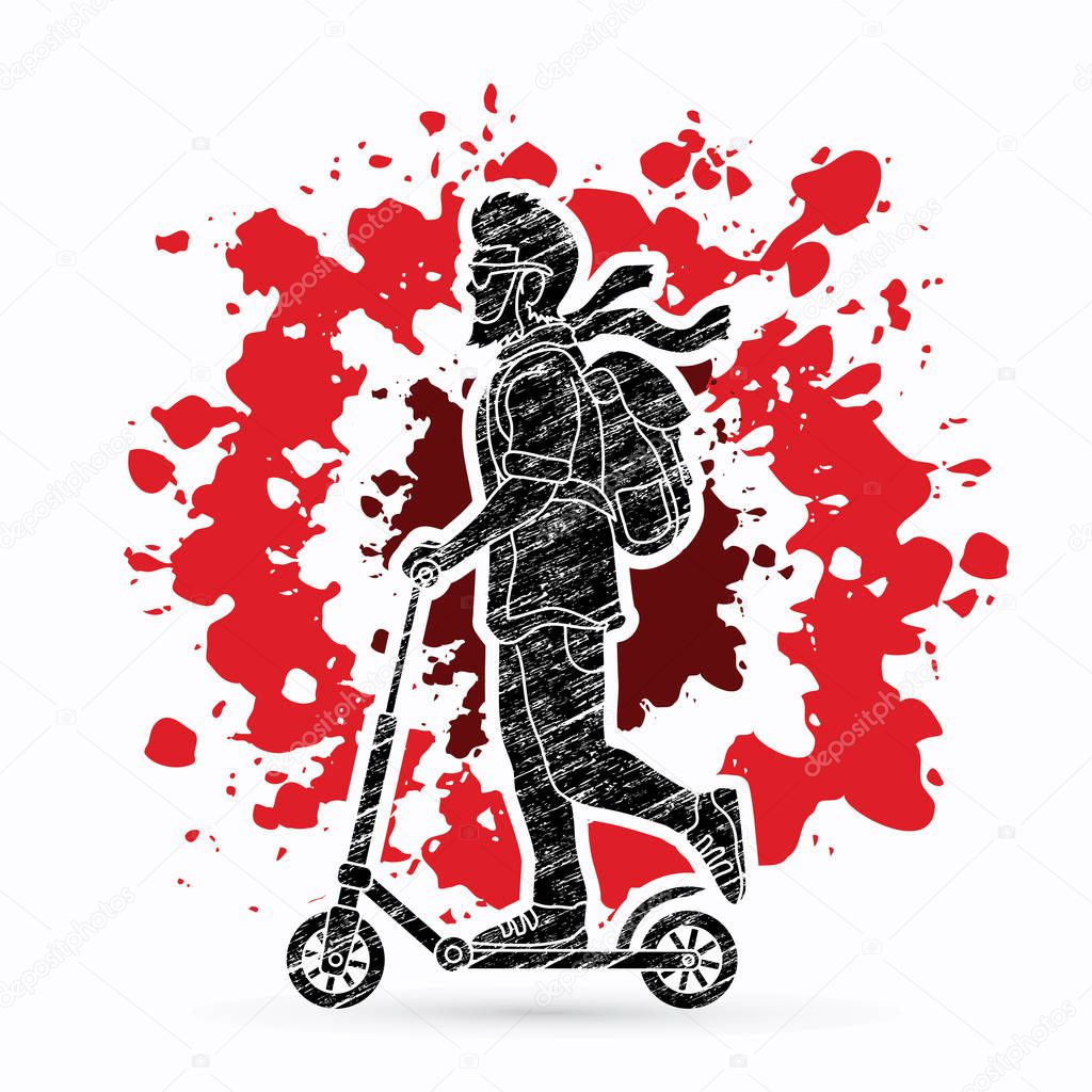 Hipster man riding kick scooter designed on splatter blood background graphic vector.