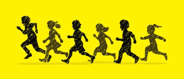 Niño y niña corriendo, Grupo de niños corriendo, jugar juntos — Vector de stock