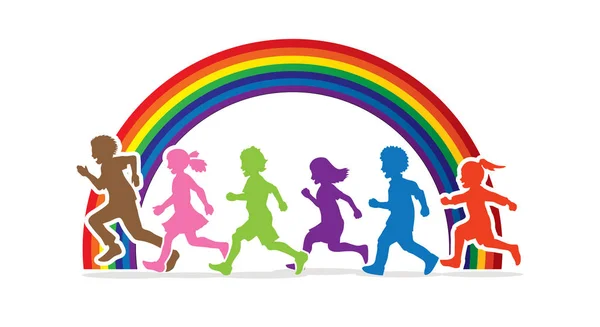 Μικρό αγόρι και κορίτσι τρέχει, ομάδα των παιδιών που τρέχουν, παίζουν μαζί — Διανυσματικό Αρχείο