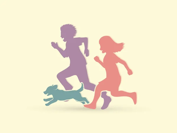 Malý chlapec a dívka běží spolu s štěně pes — Stockový vektor