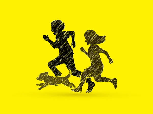 Мальчик и девочка бегают вместе с щенком — стоковый вектор