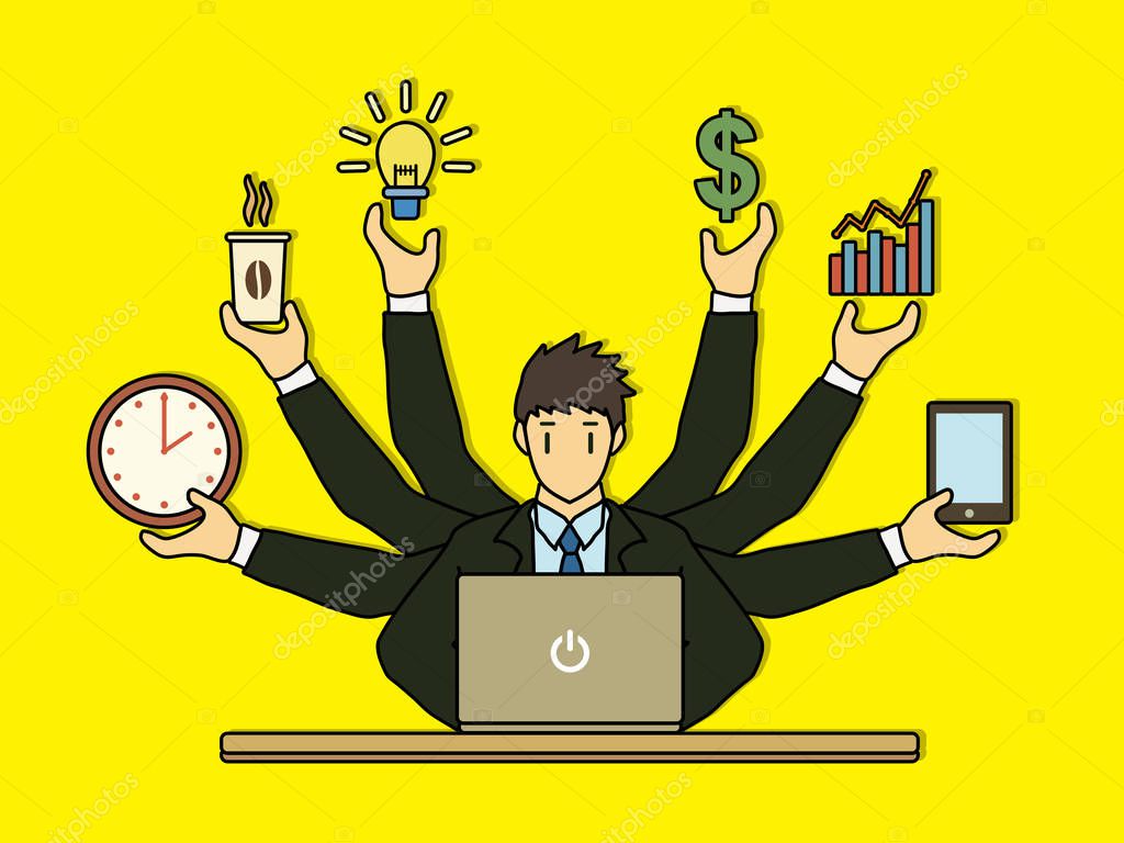 Busy Businessman with many hands holding many items graphic vector