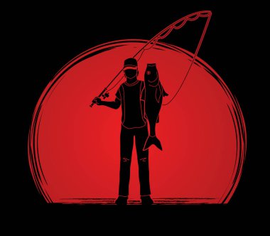 Balıkçı ayakta ve gösteri büyük balık