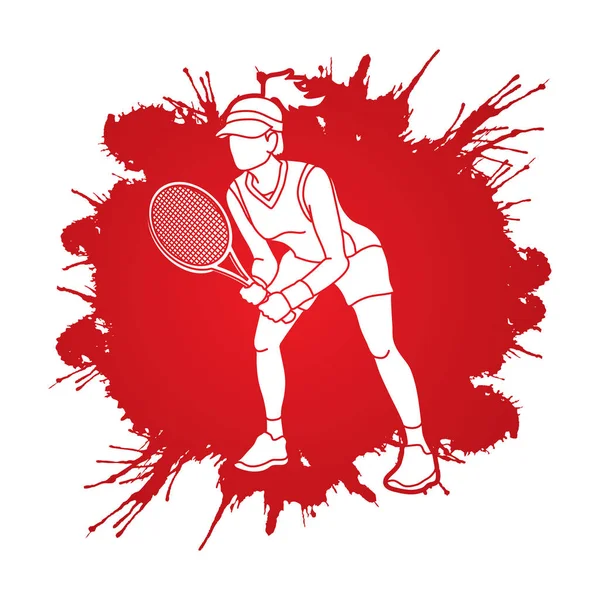 Tenis oyuncu eylem, kadın tenis oynamak — Stok Vektör