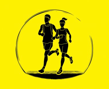 Birlikte, maraton koşucusu çalışan kadın ve erkek 