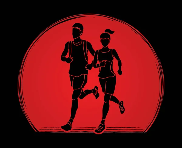 Birlikte, maraton koşucusu çalışan kadın ve erkek — Stok Vektör