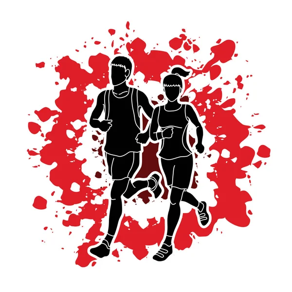 Мужчина и женщина бегут вместе, марафонцы — стоковый вектор