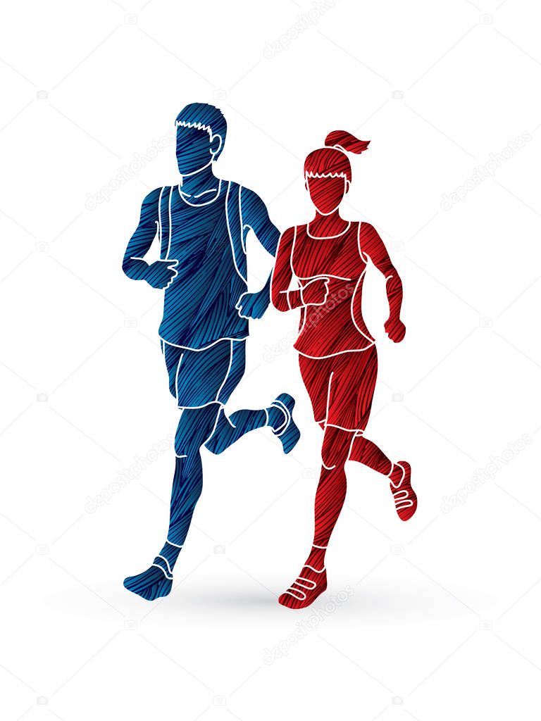 Man and woman running together, marathon runner designed using blue and red grunge brush graphic vector