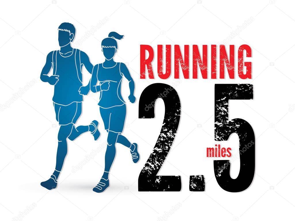 Man and woman running together with text marathon running number graphic vector.