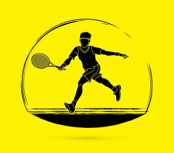 Joueur de tennis courir, Homme jouer au tennis mouvement — Image vectorielle