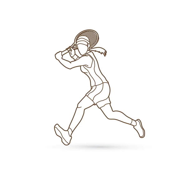 Tenista corriendo, Mujer jugando tenis — Vector de stock