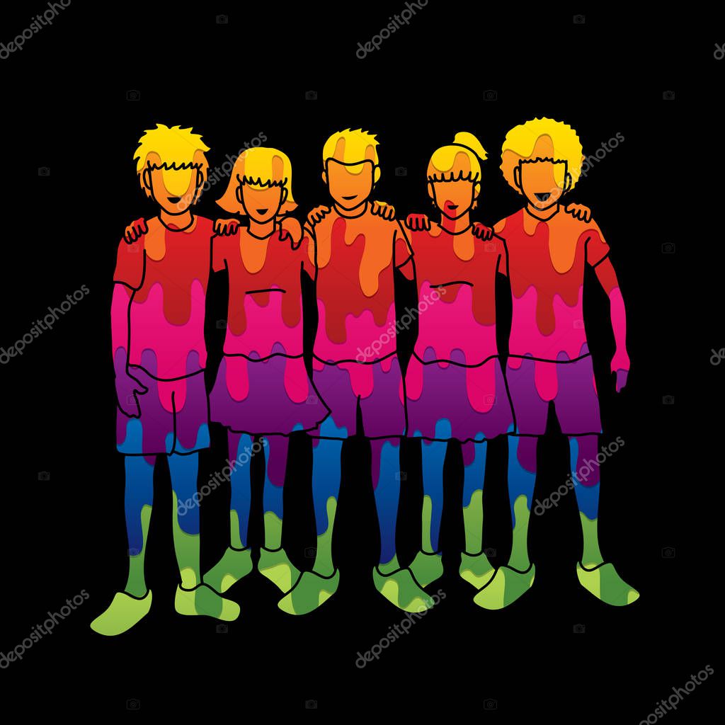 Group of Children arm around another's shoulder, Children hugging abstract graphic vector.