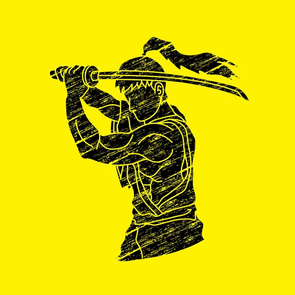 Samurai con espada katana, Espada hombre listo para luchar — Vector de stock