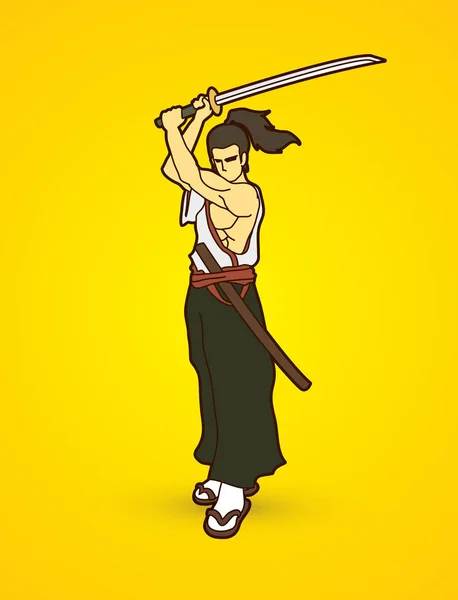 Samurai de pé com a espada katana, pronto para lutar — Vetor de Stock