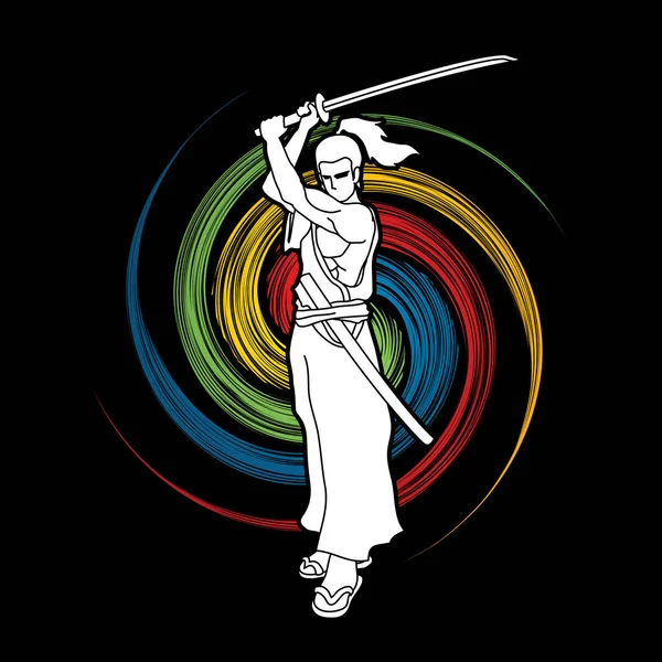 Samurai de pie con espada katana, Listo para luchar — Vector de stock