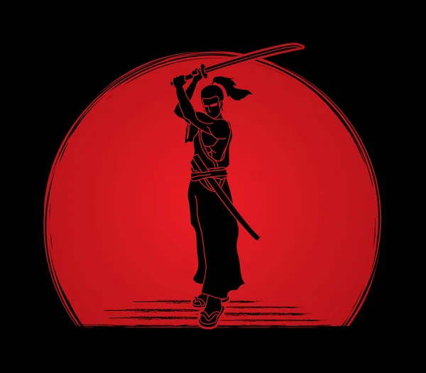 Samuraj, stojąc z mieczem katana, gotowy do walki — Wektor stockowy
