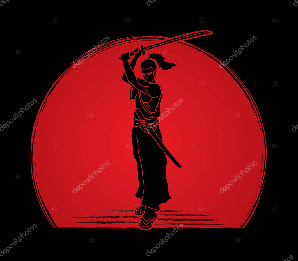 Samurai standing with sword katana, Ready to fight designed on sunlight background graphic vector