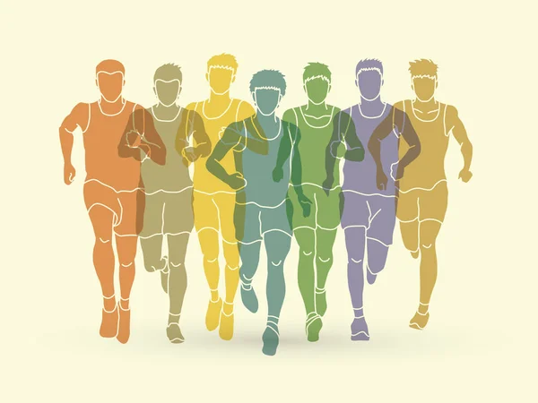 Maratonlöpare, grupp människor kör, män kör — Stock vektor