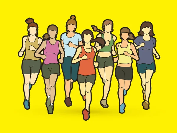 Женщины бегут, марафонцы, группа людей бежит — стоковый вектор