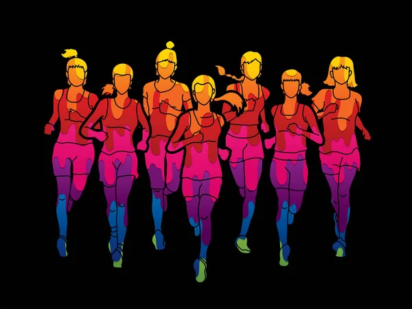 여자 실행, 마라톤 선수, 실행 하는 사람들의 그룹 — 스톡 벡터