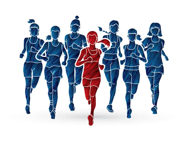 Mujeres corriendo, Corredores de maratón, Grupo de personas corriendo — Archivo Imágenes Vectoriales
