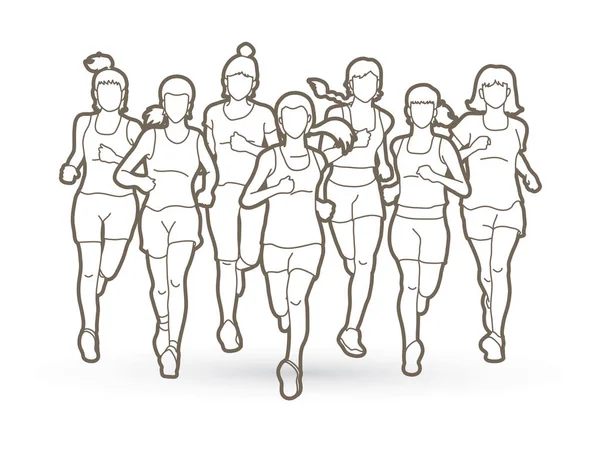 Женщины бегут, марафонцы, группа людей бежит — стоковый вектор
