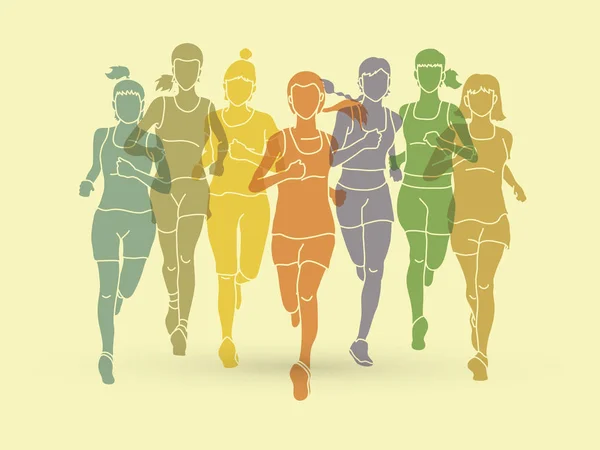 Donne che corrono, Maratoneti, Gruppo di persone che corrono — Vettoriale Stock
