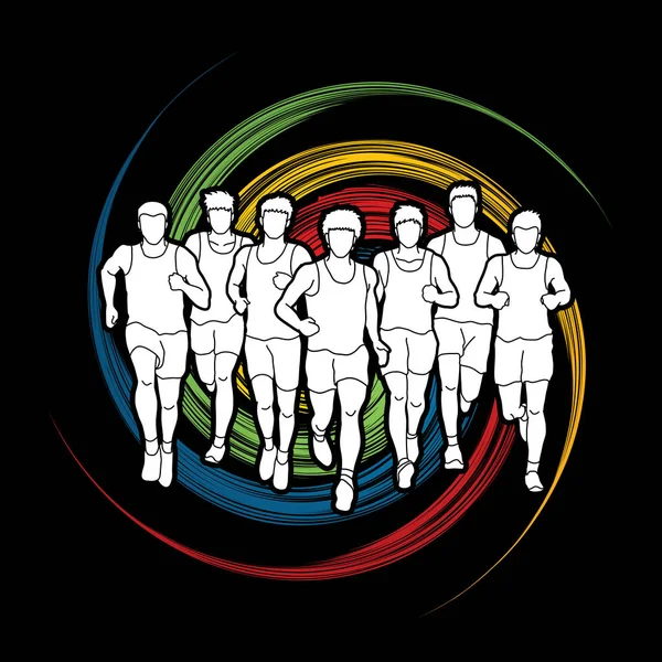 Corredores de maratón, Grupo de personas corriendo, Hombres corriendo — Vector de stock