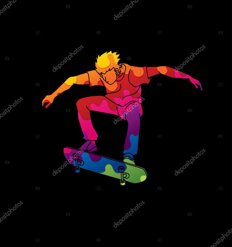 Skateboarder jumping designed using melting colors graphic vector