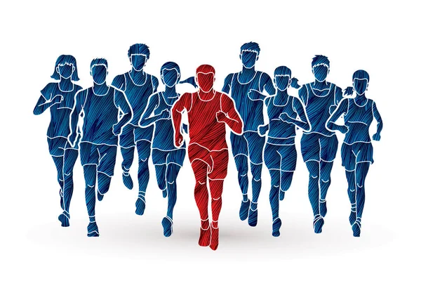 Maratoneti, Gruppo di persone che corrono, Uomini e donne che corrono insieme — Vettoriale Stock