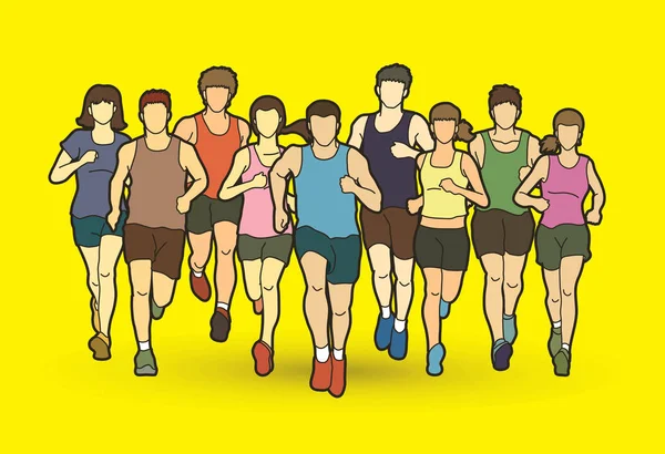 Corredores de maratón, Grupo de personas corriendo, Hombres y mujeres corriendo juntos — Archivo Imágenes Vectoriales