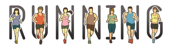 Ejecución de diseño de fuentes de texto, Corredores de maratón, Grupo de personas corriendo, Hombres y mujeres corriendo — Vector de stock