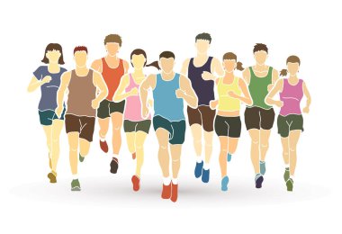 Maraton koşucu, bir grup insan çalışan, çalışan kadın ve erkek 